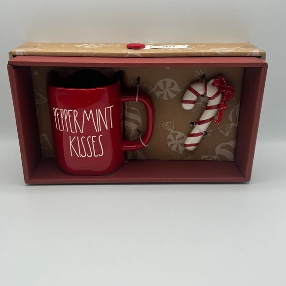 NEW Rae Dunn PEPPERMINT KISSES Mug And Candy Cane Ornament Gift Set In Box - Picture 1 of 6